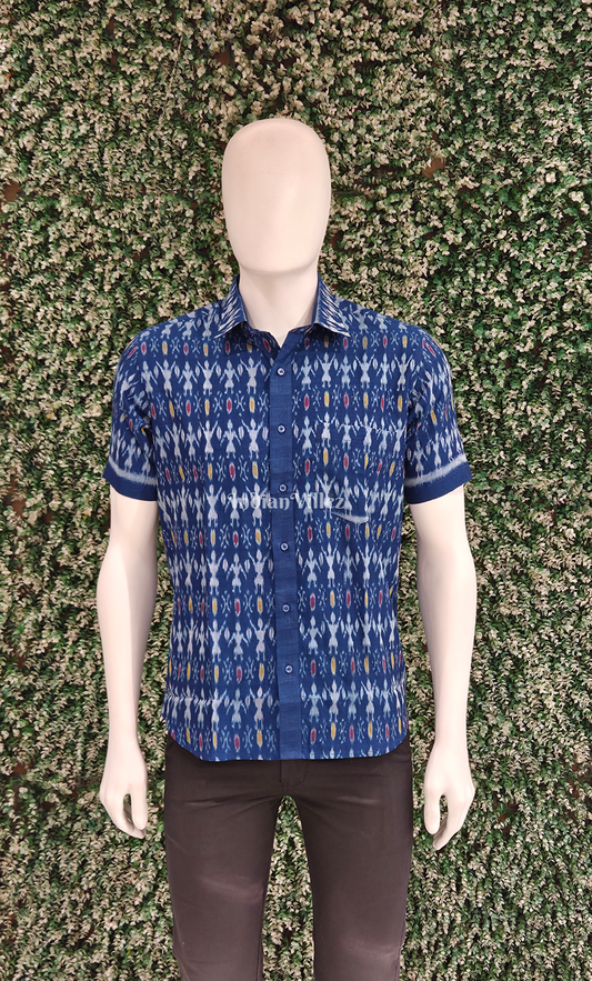 Blue Tribal Theme Odisha Ikat Cotton Half Sleeve Shirt for Men