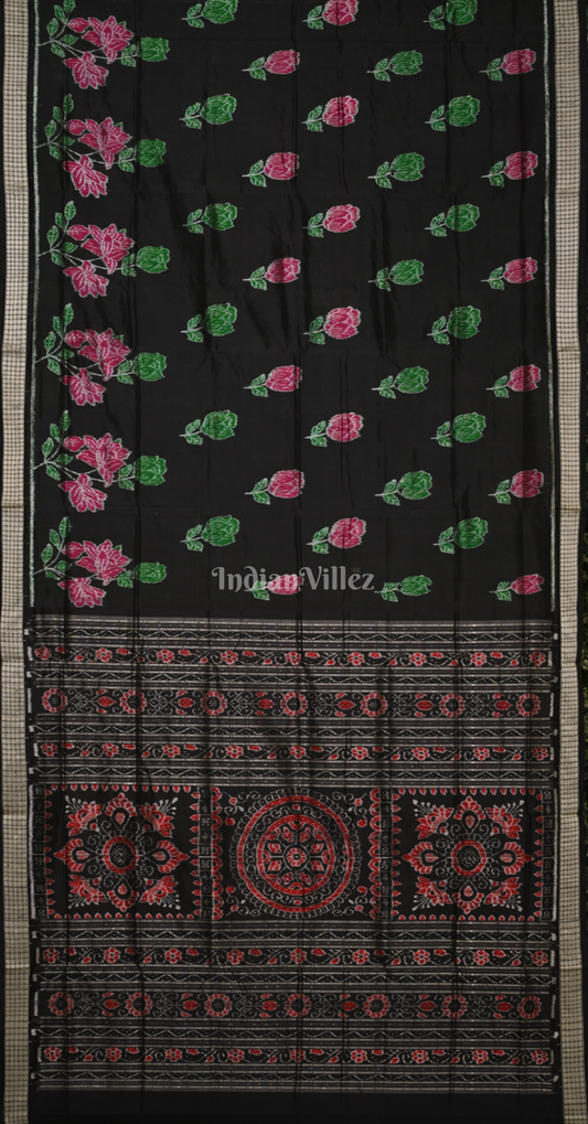 Black Rose Design Odisha Ikat Sambalpuri Silk Saree