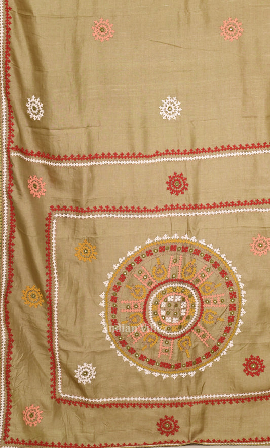 Beige Applique Work Hand Embroidered Saree