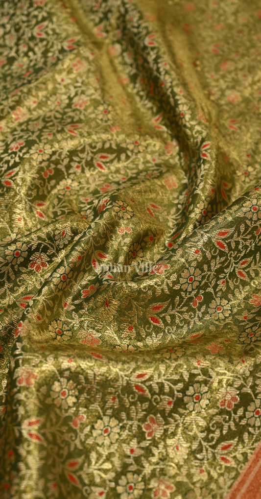 Exclusive Mehendi Green Red Pure Kanjivaram Tissue Silk Saree