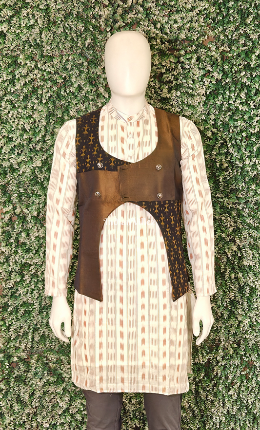 Brown Black Tribal Motif Odisha Ikat Half Bandi Jacket for Men