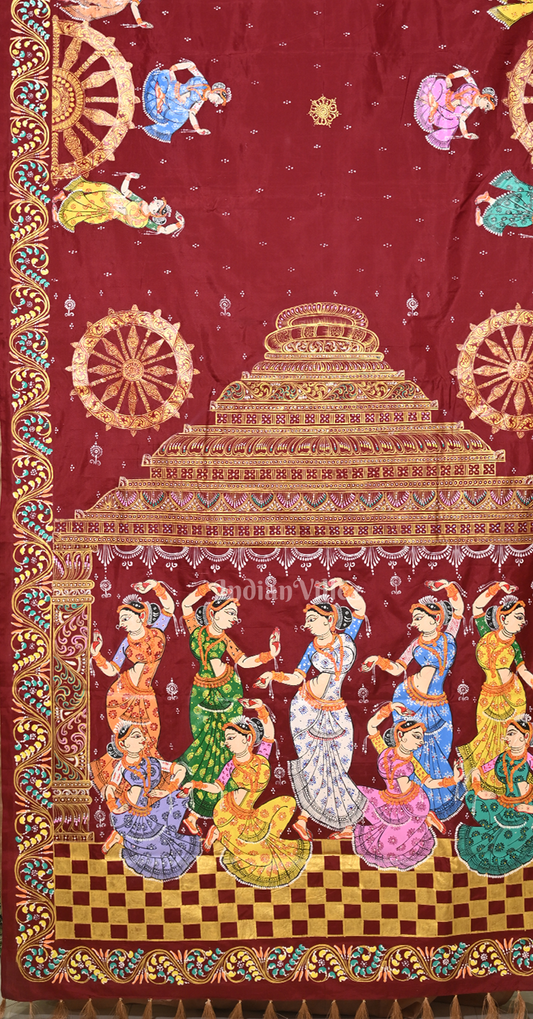 Maroon Beige Nartaki Konark Temple Hand-Painted Pattachitra Saree