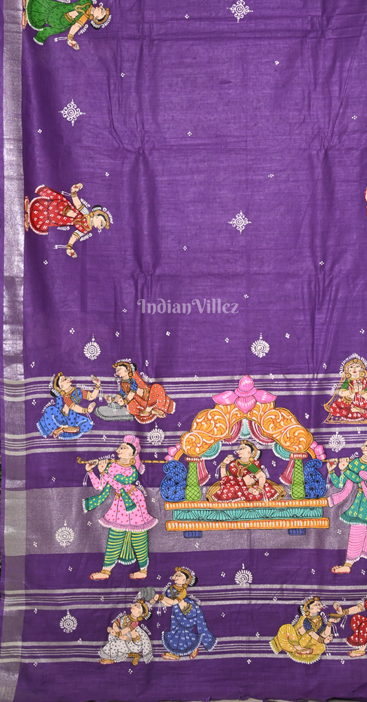 Purple Doli Barat Theme Hand-Painted Pattachitra Saree