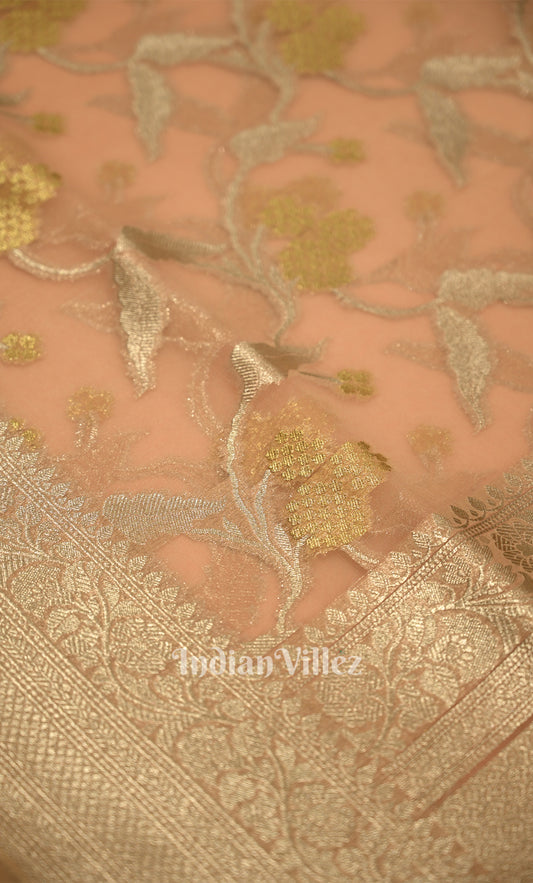 Peach Pink Chanderi Silk Banarasi Saree