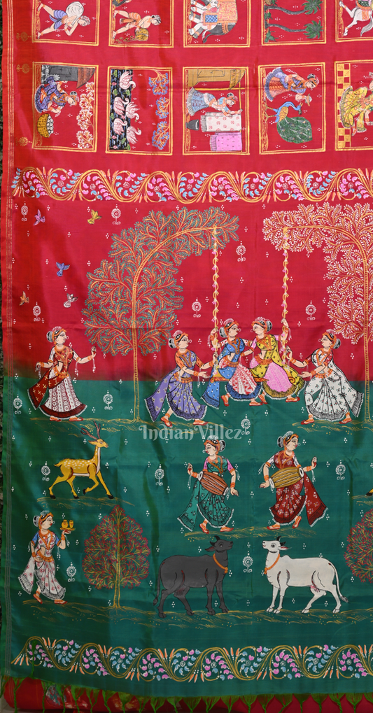 Red Green Raja Doli Village Theme Hand- Painted Pattachitra Saree