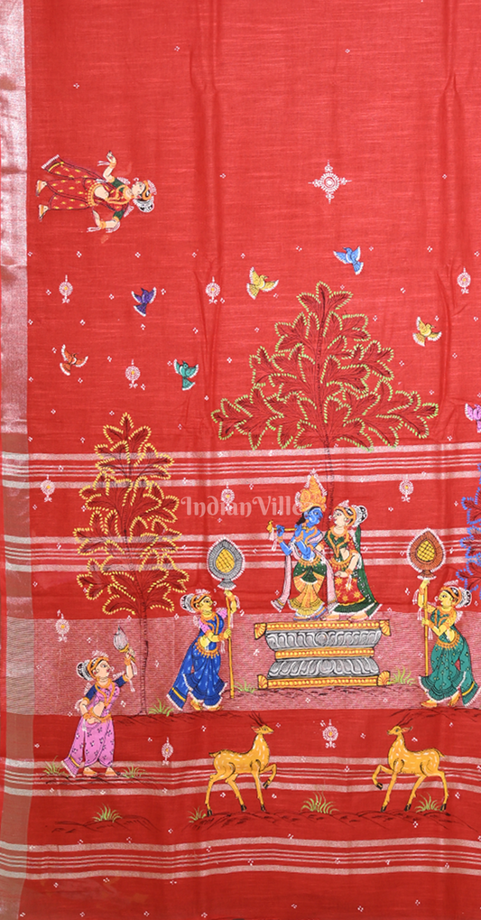 Red Radha Krishna Theme Hand-Painted Pattachitra Saree (Linen)