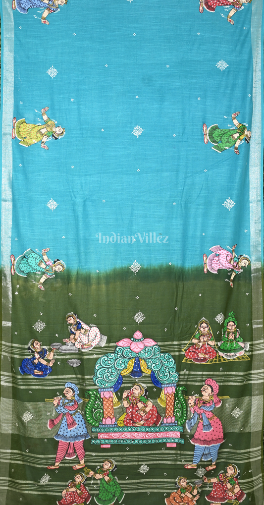 Blue Mehendi Green Doli Barat Theme Hand-Painted Pattachitra Saree