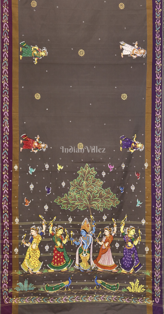 Grey Dandiya Raas Theme Hand-Painted Pattachitra Saree
