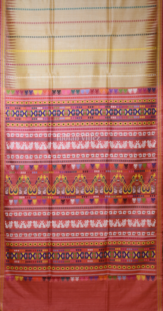 Beige Red Veena Pani Theme Fine Gopalpur Tussar Silk Saree