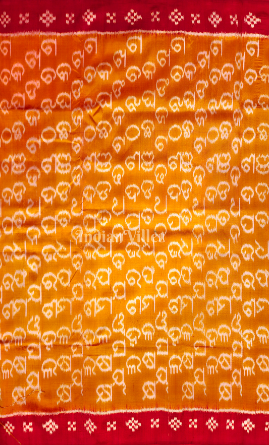 Orange Red Odia Barnamala Theme Odisha Ikat Sambalpuri Silk Fabric