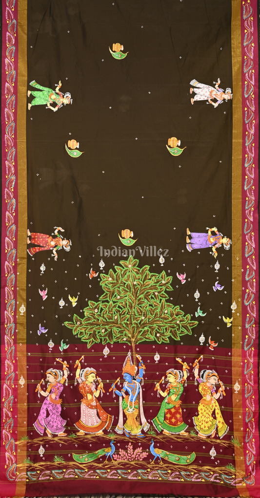 Moss Green Maroon Krishna Raas Hand-Painted Pattachitra Saree
