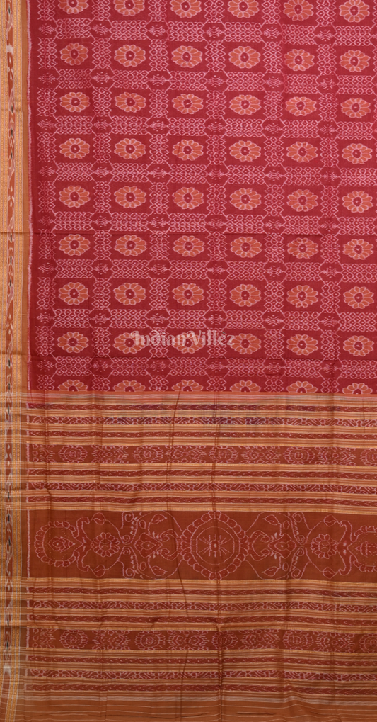 Red Rust Orange Flower Motif Odisha Ikat Sambalpuri Cotton Saree