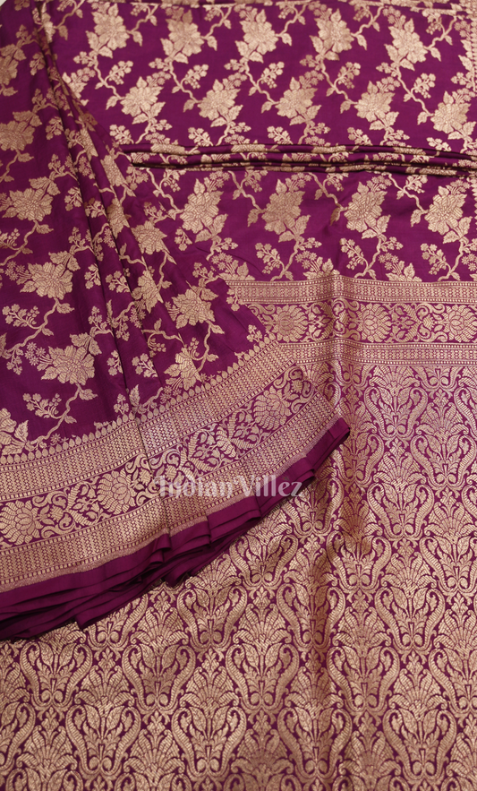 Stunning Magenta Pure Katan Banarasi Silk Saree with Golden Floral Jaal
