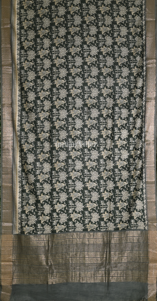 Green Black Screen Printed Cotton Saree