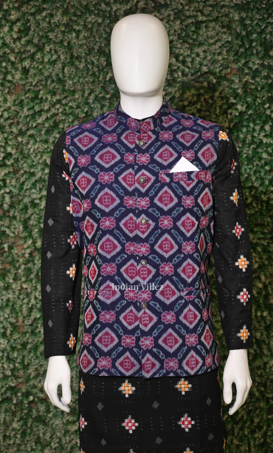 Navy Blue Red Odisha Ikat Half Bandi Jacket for Men