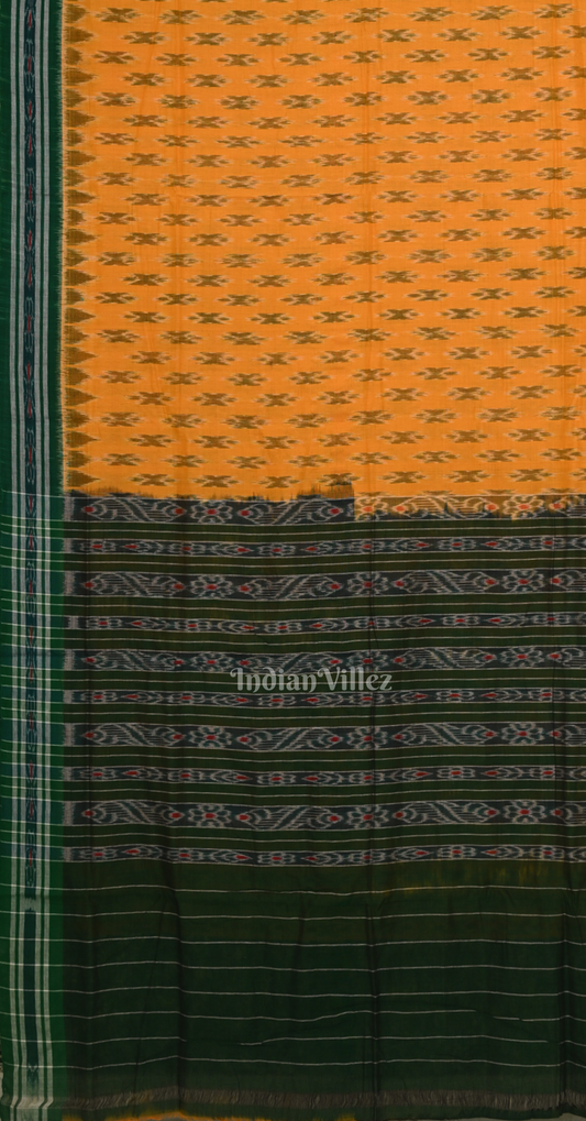 Yellow Green Damru Theme Odisha Ikat Maniabandha Cotton Saree