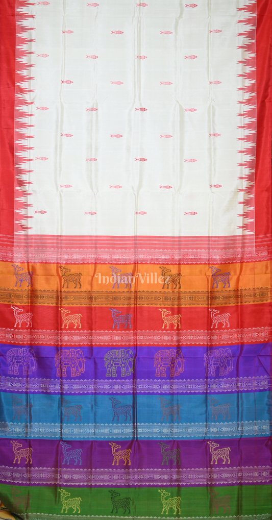 White Red Fish Motif Double Pallu Berhampuri Silk Saree