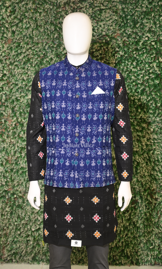 Royal Blue Tribal Design Odisha Ikat Half Bandi Jacket for Men