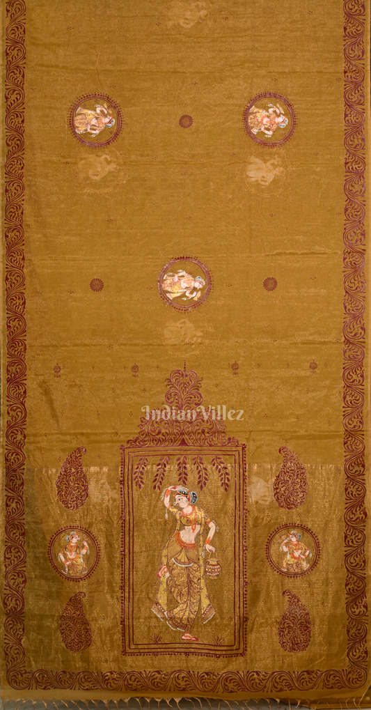 Brown Golden Shringar Raas Hand- Painted Pattachitra Saree (Tissue) (Copy)