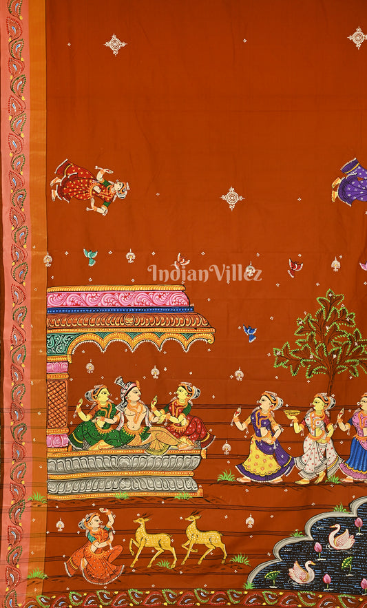 Light Brown Krishna Raasleela Hand-Painted Pattachitra Saree