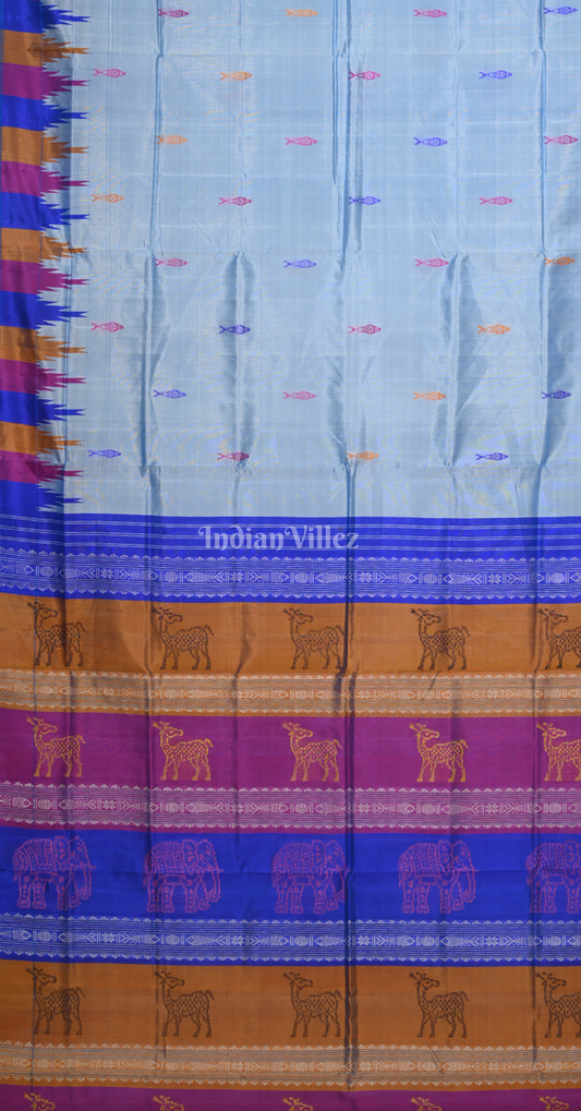 Sky Blue Fish Motif Double Pallu Berhampuri Silk Saree