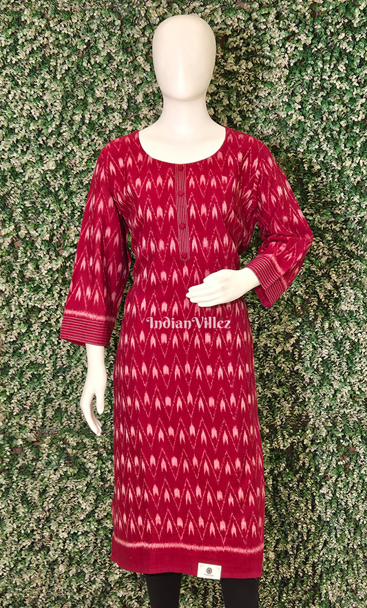 Red Zigzag Odisha Ikat Designer Cotton Kurti for Women