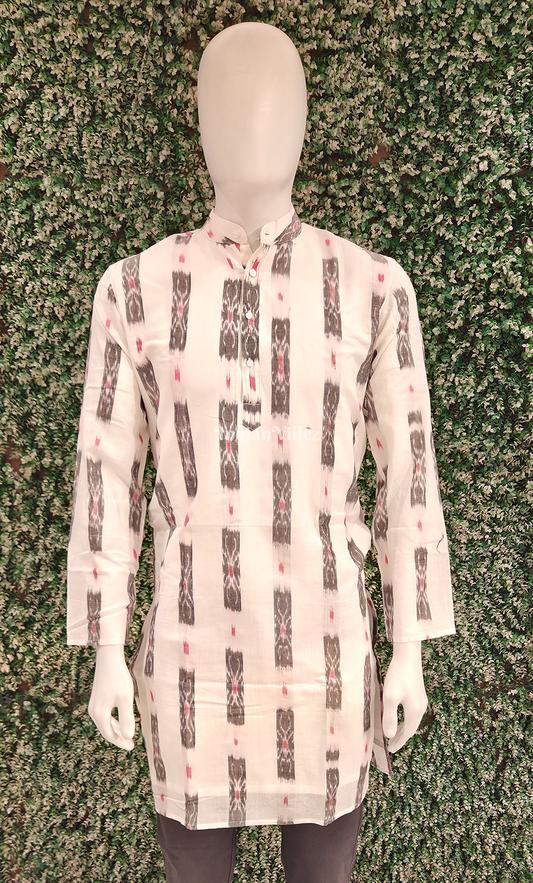 White Floral Odisha Ikat Cotton Kurta for Men