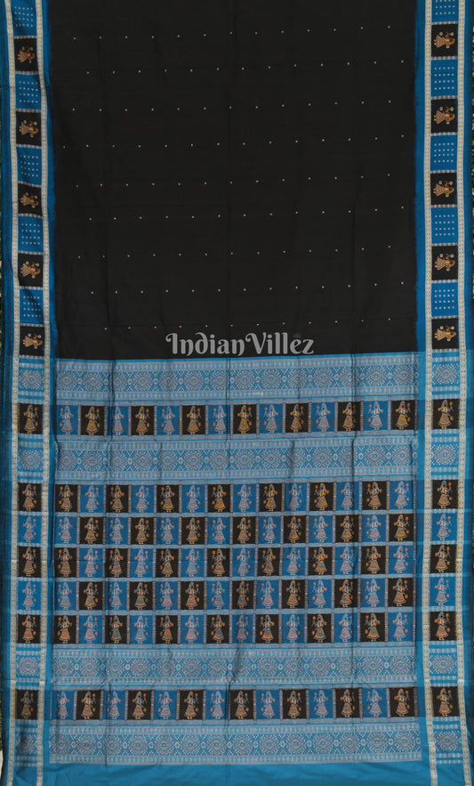 Black Blue Odisha Ikat Bomkai Sambalpuri Silk Saree with Doll Aanchal