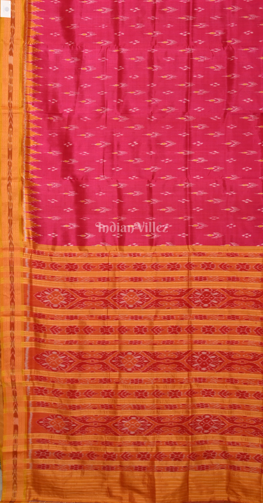 Rani Pink Mustard Yellow Mayur Chandrika Odisha Ikat Khandua Silk Saree