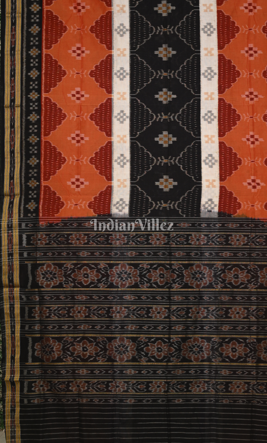 Orange Black Pasapali Odisha Ikat Sambalpuri Cotton Saree