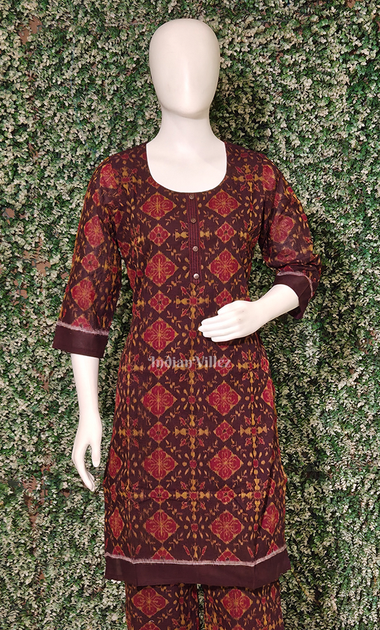 Coffee Maroon Tribal Motif Cotton Kurti Set with Pallazo