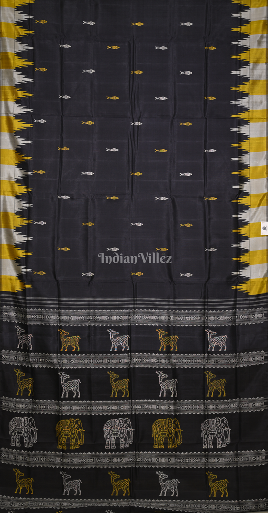 Black Mustard yellow Fish Motif Double Pallu Berhampuri Silk Saree