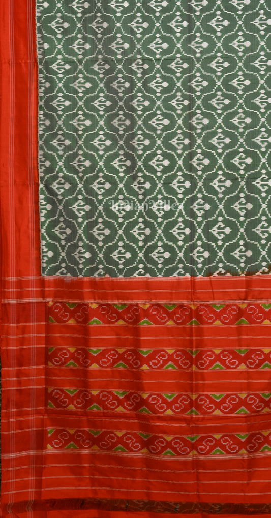 Light Green Red Pochampally Ikat Silk Saree