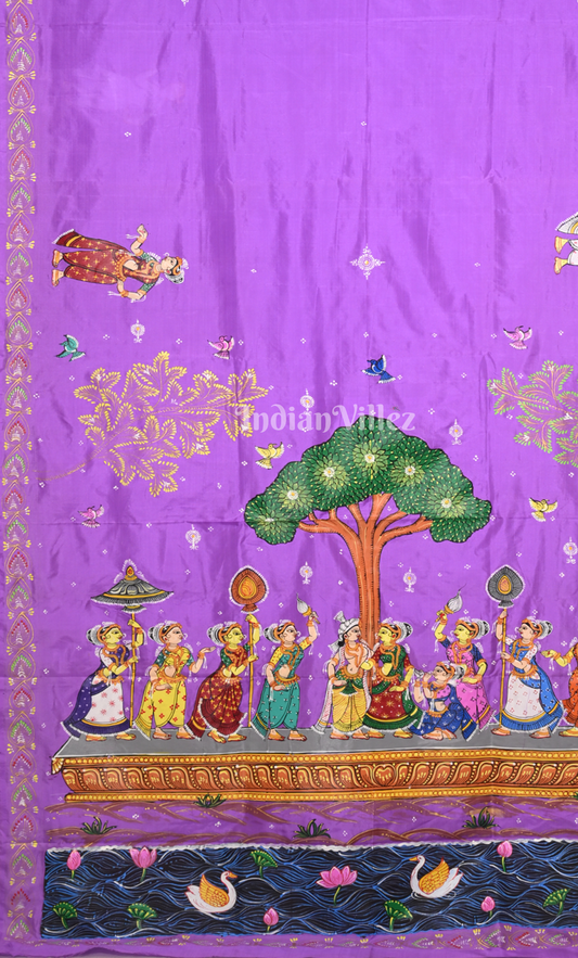 Lavendar Raas Leela Hand-painted Pattachitra Saree