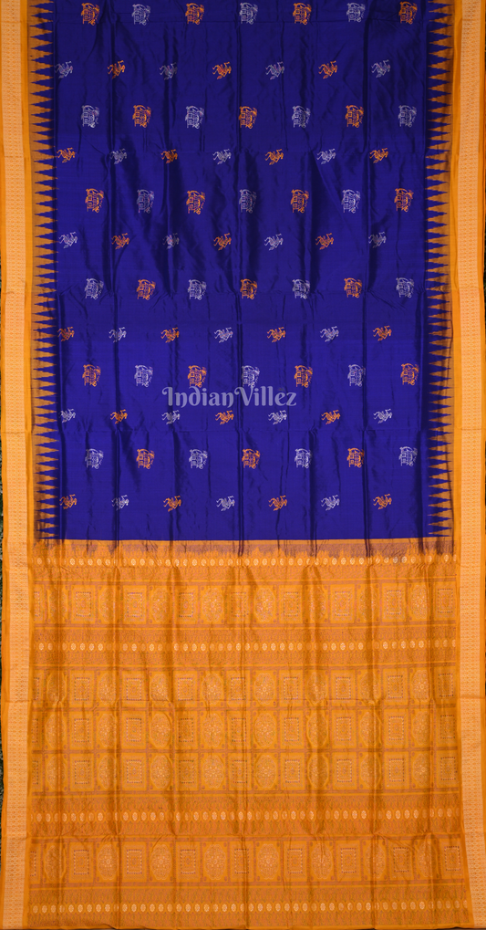Blue Yellow Tribal Huts Design Odisha Ikat Bomkai Sambalpuri Silk Saree