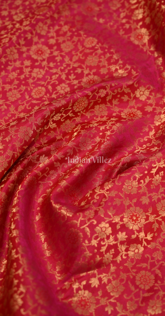 Exclusive Rani Pink Golden Floral Zari Brocade Pure Kanjivaram Silk Saree