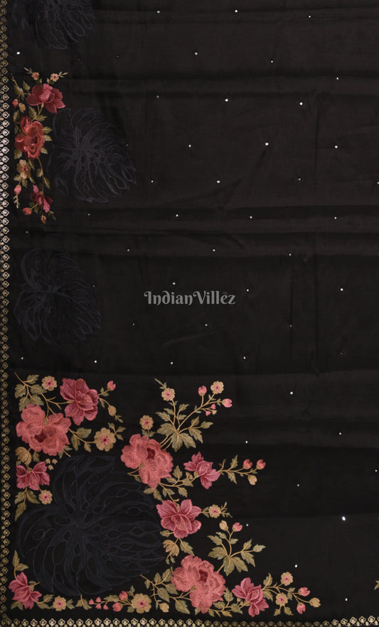 Black Tussar Silk Saree with Floral Hand Embroidery Work