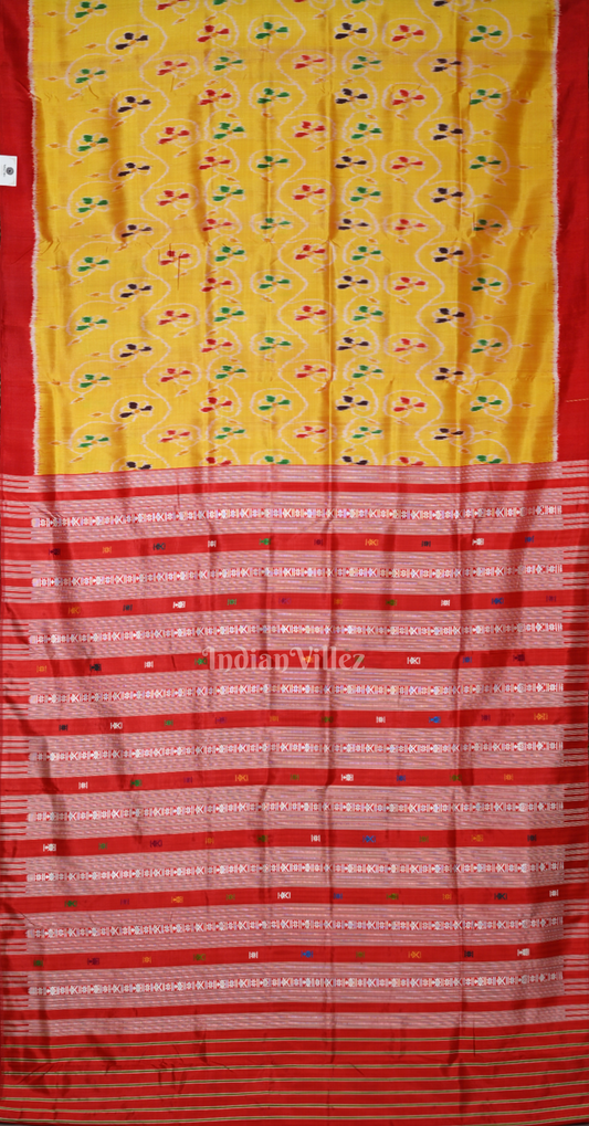 Yellow Red Tribal Theme Odisha Ikat Contemporary Designer Silk Saree with Siminoi Anchal