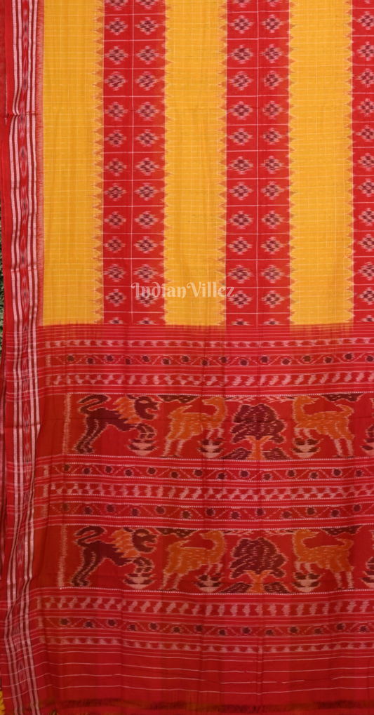 Yellow Red Check Pasapali Odisha Ikat Sambalpuri Cotton Saree