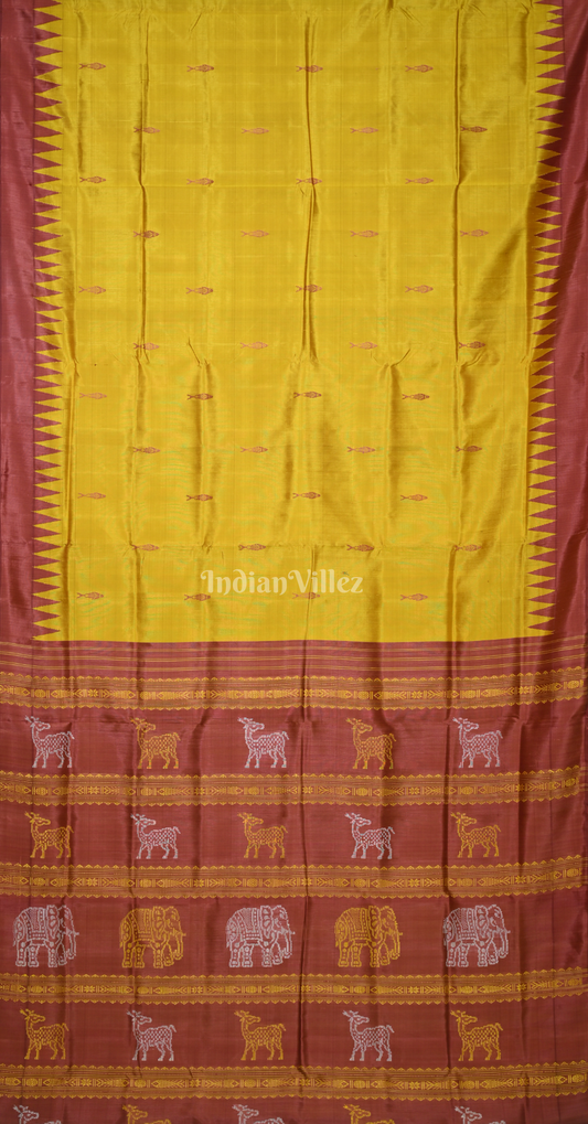 Mustard Yellow Fish Motif Double Pallu Berhampuri Silk Saree