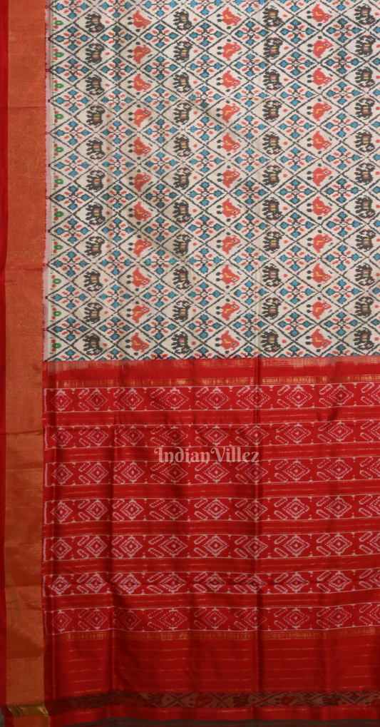 Off White Red Pochampally Ikat Silk Saree