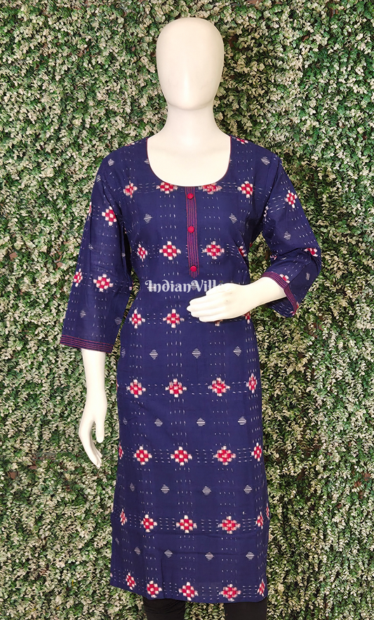 Blue Red Pasapali Odisha Ikat Designer Cotton Kurti for Women