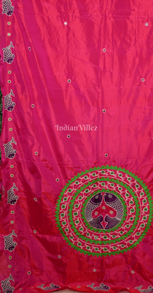 Rani Pink Green Hand Embroidered Applique Work Saree