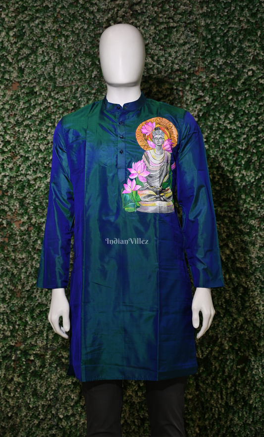 Sea Blue Dual Tone Buddha Theme Hand-Painted Pattachitra Kurta