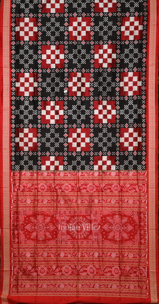 Red Black White Pasapali Odisha Ikat Sambalpuri Silk Saree