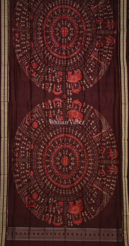 Exclusive Coffee Tribal Theme Designer Odisha Ikat Sambalpuri Silk Saree