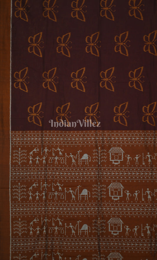 Coffee Brown Butterfly Theme Odisha Ikat Sambalpuri Cotton Saree with Tribal Anchal