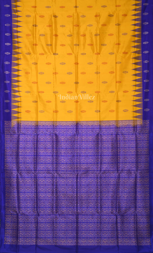 Mustard Yellow Blue Odisha Ikat Bomkai Sambalpuri Silk Saree