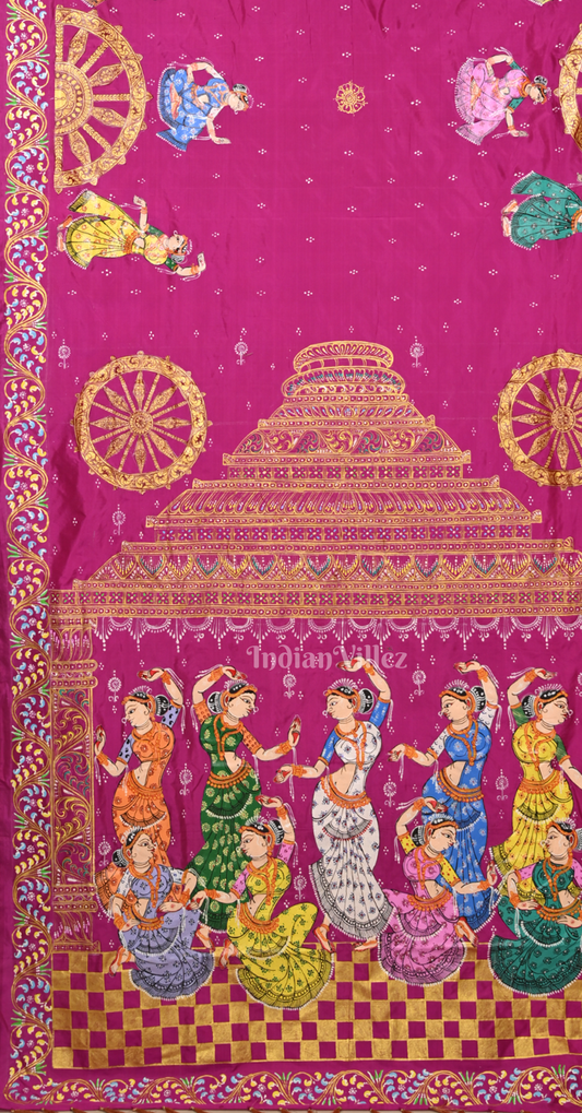Rani Pink Orange Nartaki Konark Temple Hand-Painted Pattachitra Saree