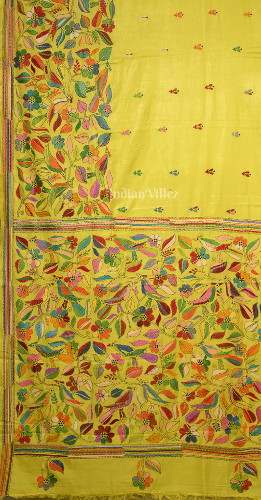 Light Yellow Flower Motif Handwoven Kantha Stitch Silk Saree